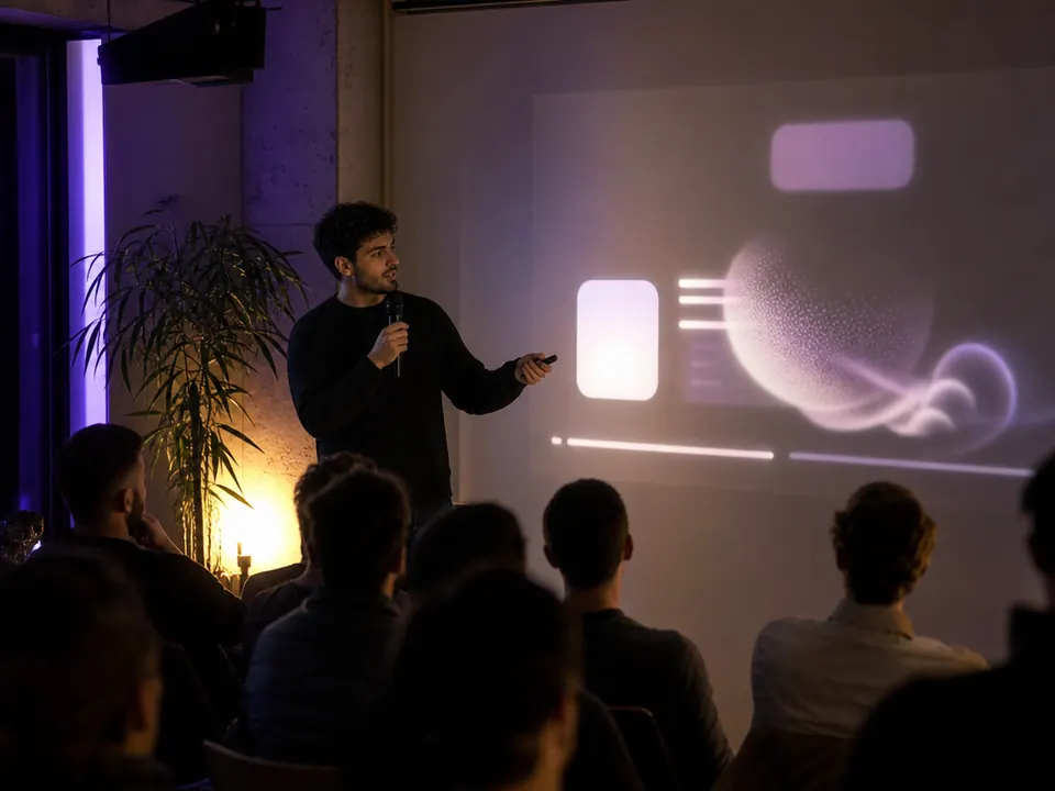 Fondateur présentant une startup IA sur scène pendant une soirée vitrine Spark