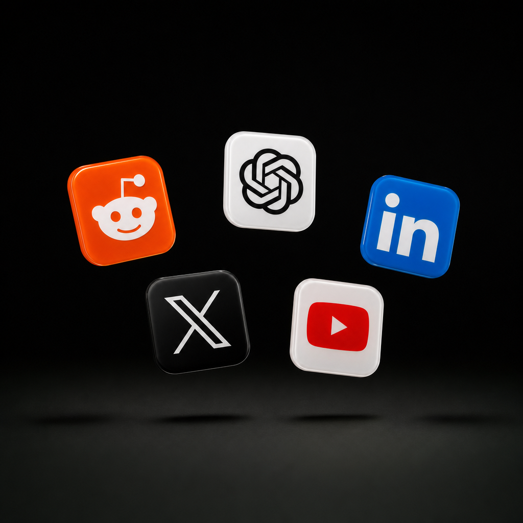 Reddit, ChatGPT, LinkedIn, X, and YouTube app icons